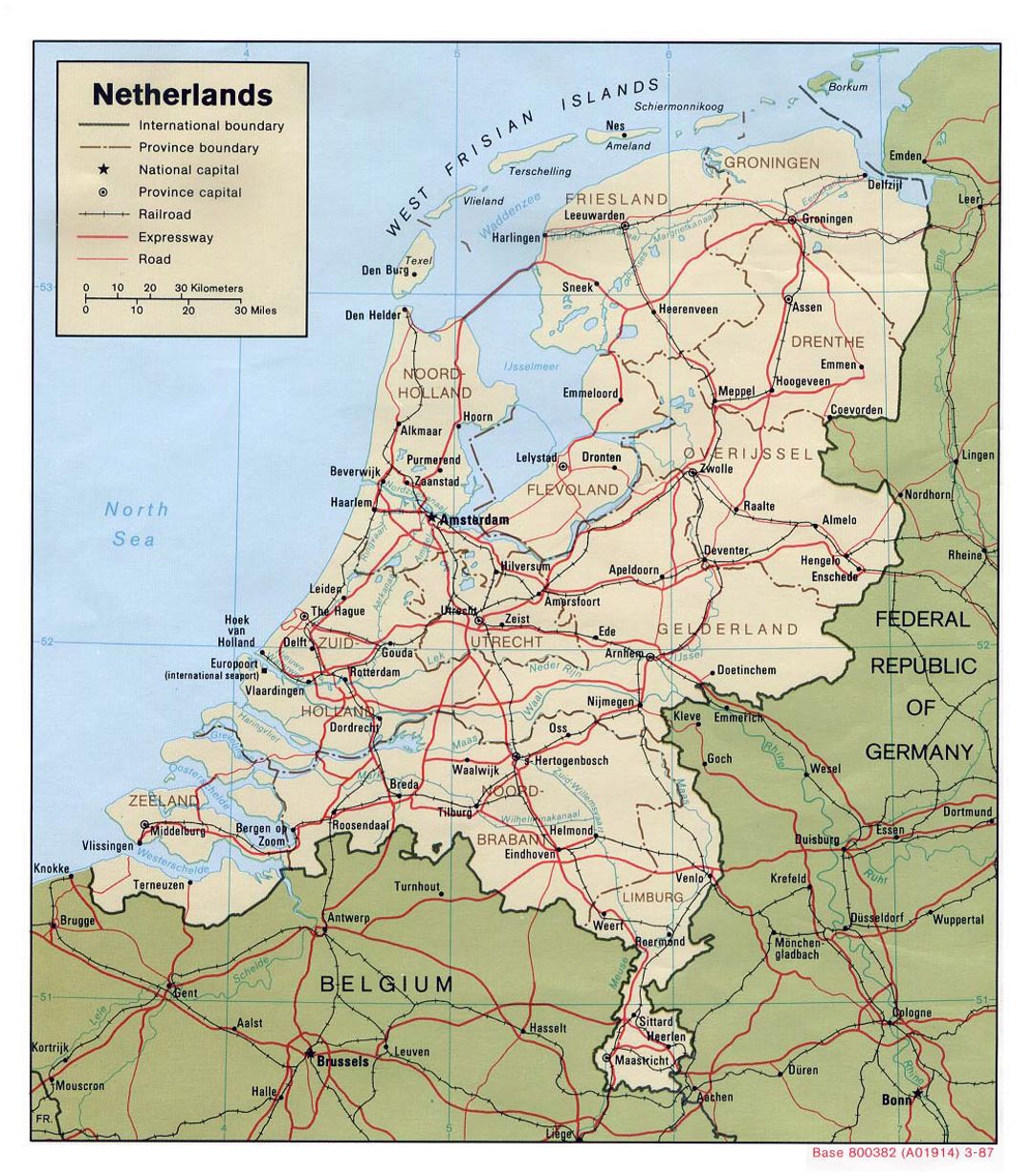 Детальная политическая и административная карта Нидерландов с дорогами, железными дорогами и крупными городами - 1987