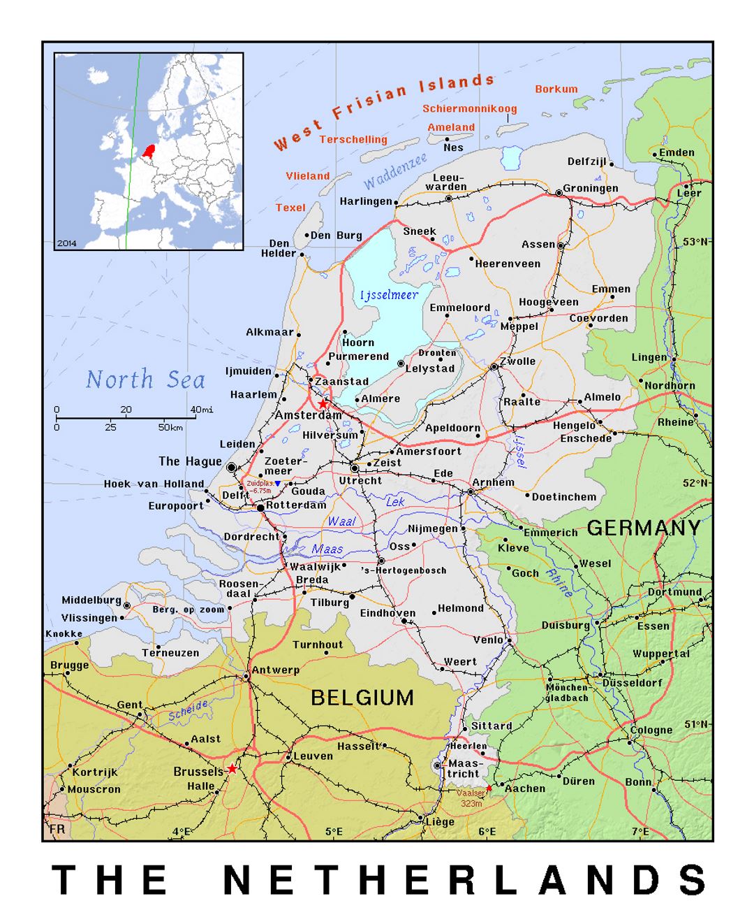 Детальная политическая карта Нидерландов с рельефом