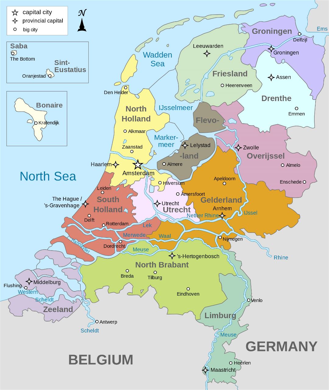 Большая детальная административная карта Нидерландов с крупными городами