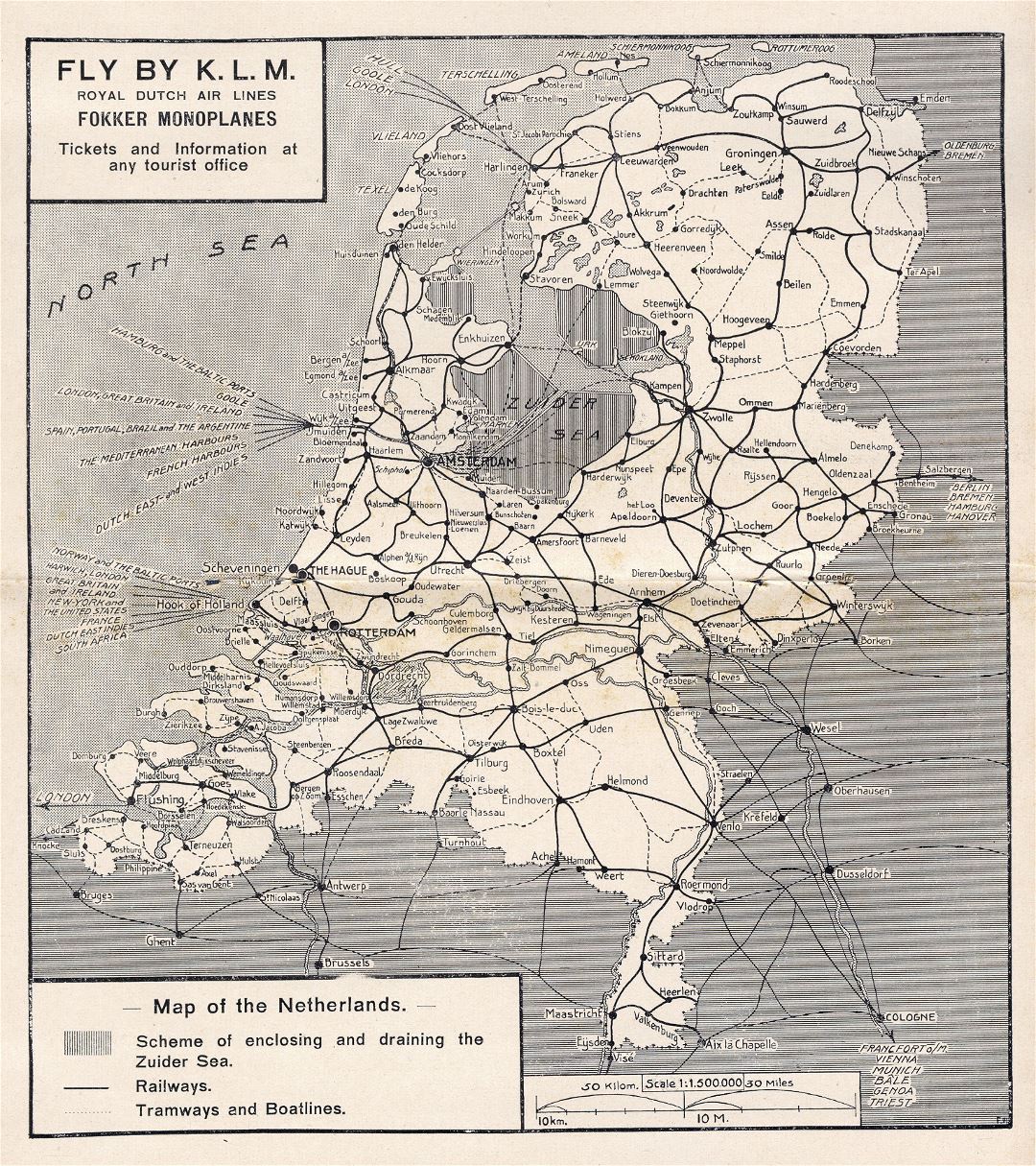 Большая старая карта железных дорог Нидерландов - 1929