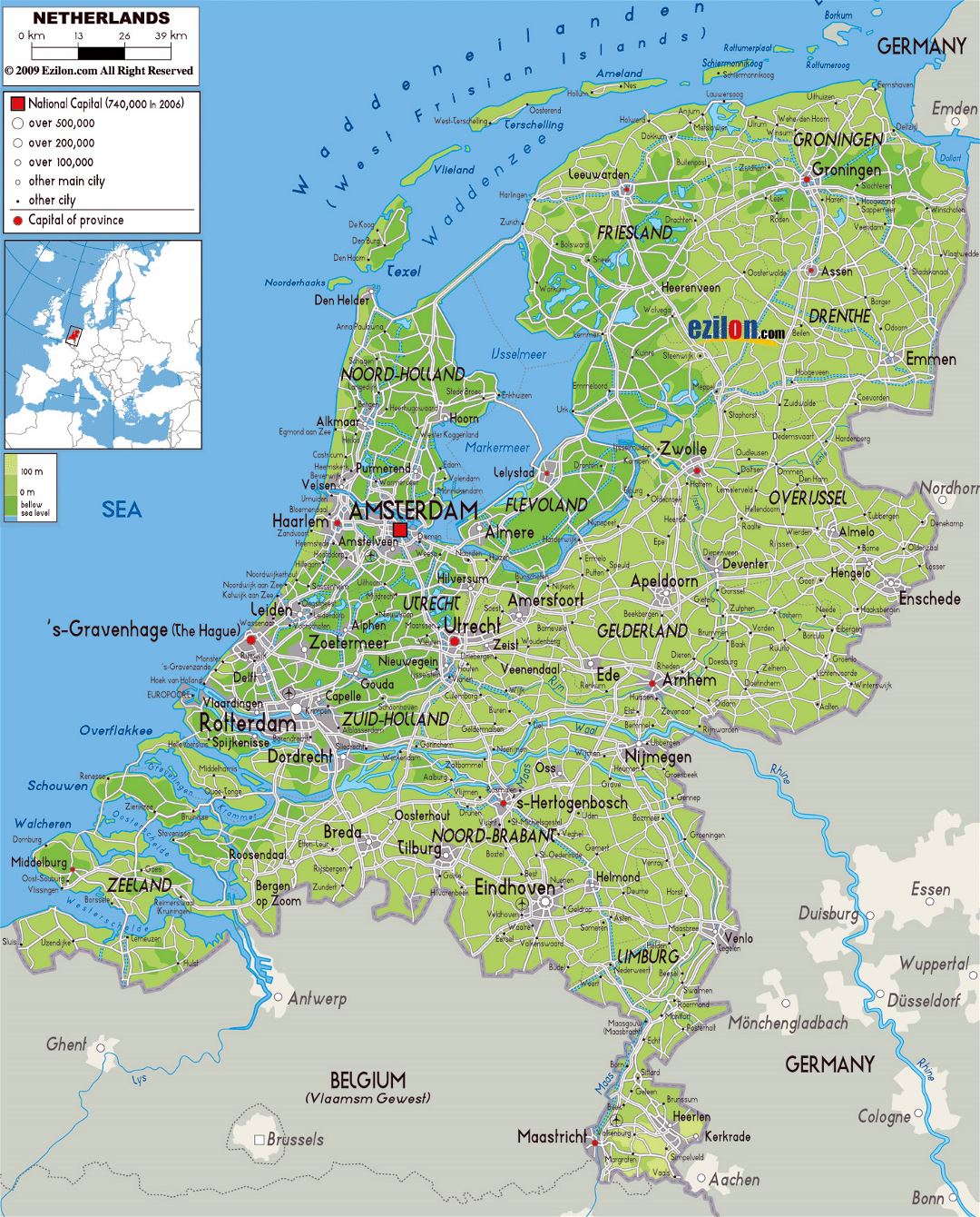 Большая физическая карта Нидерландов с дорогами, городами и аэропортами