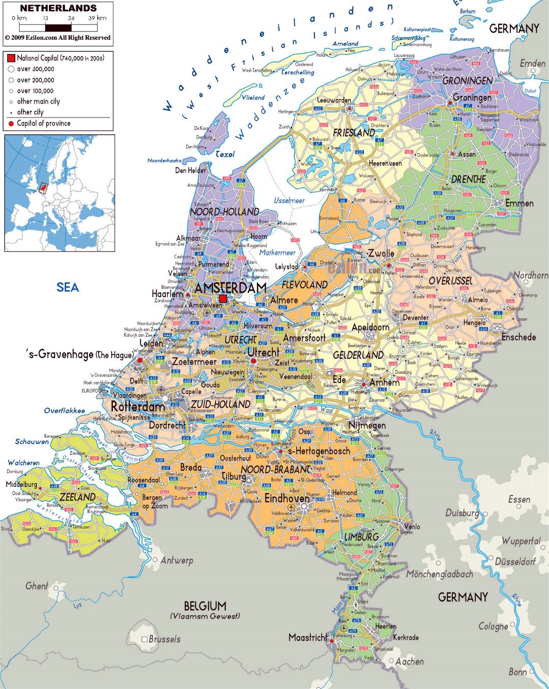 Большая политическая и административная карта Нидерландов с дорогами, городами и аэропортами