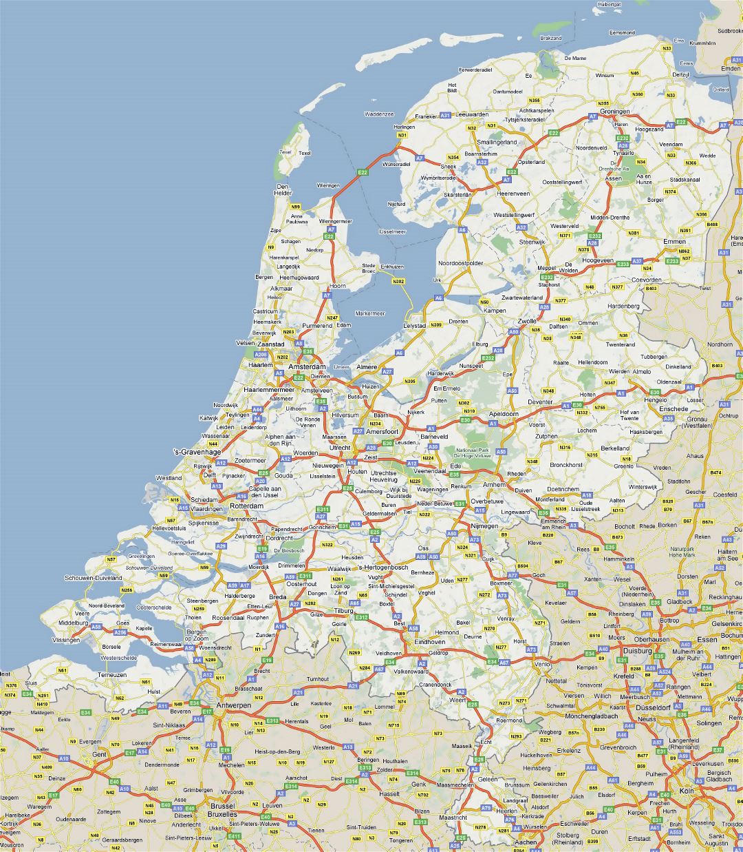 Большая карта дорог Нидерландов со всеми городами