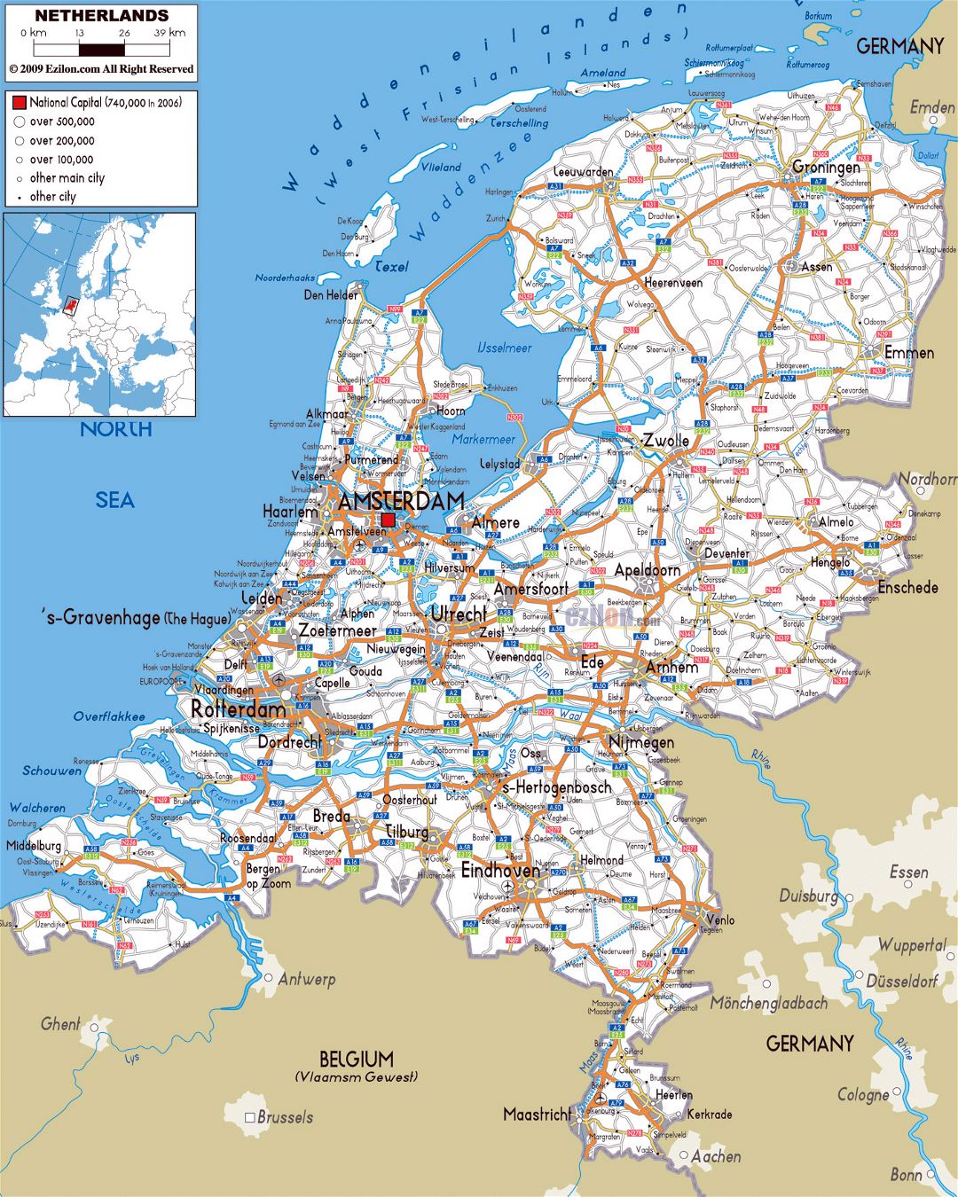 Большая карта дорог Нидерландов с городами и аэропортами