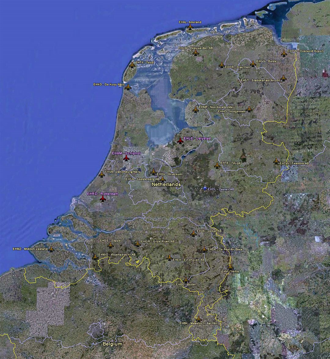 Большая спутниковая карта Нидерландов с аэропортами