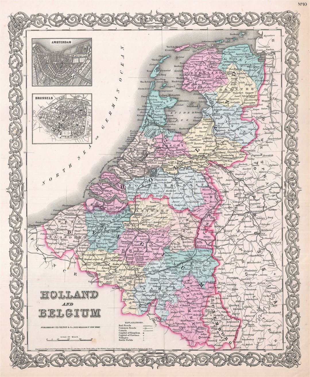 Крупномасштабная старая политическая и административная карта Голландии и Бельгии с городами - 1855