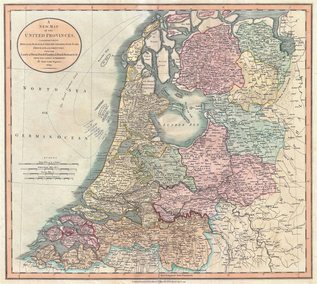 Крупномасштабная старая политическая и административная карта Голландии с городами - 1799
