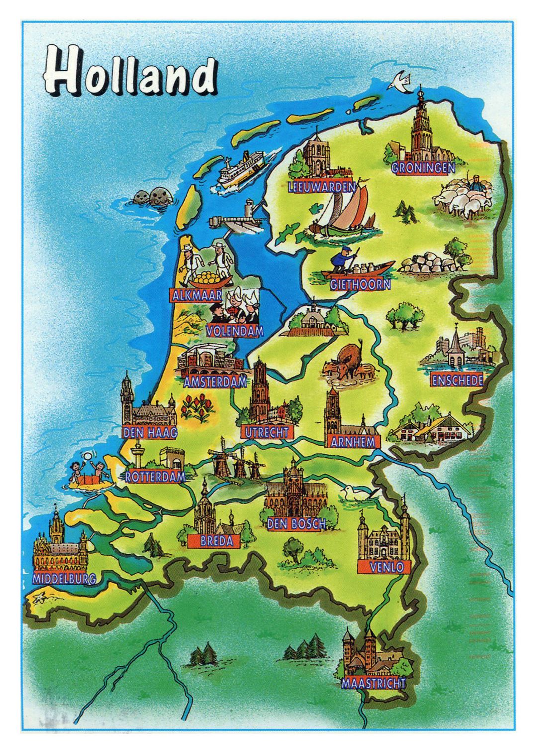 Большая туристическая иллюстрированная карта Нидерландов (Голландия)