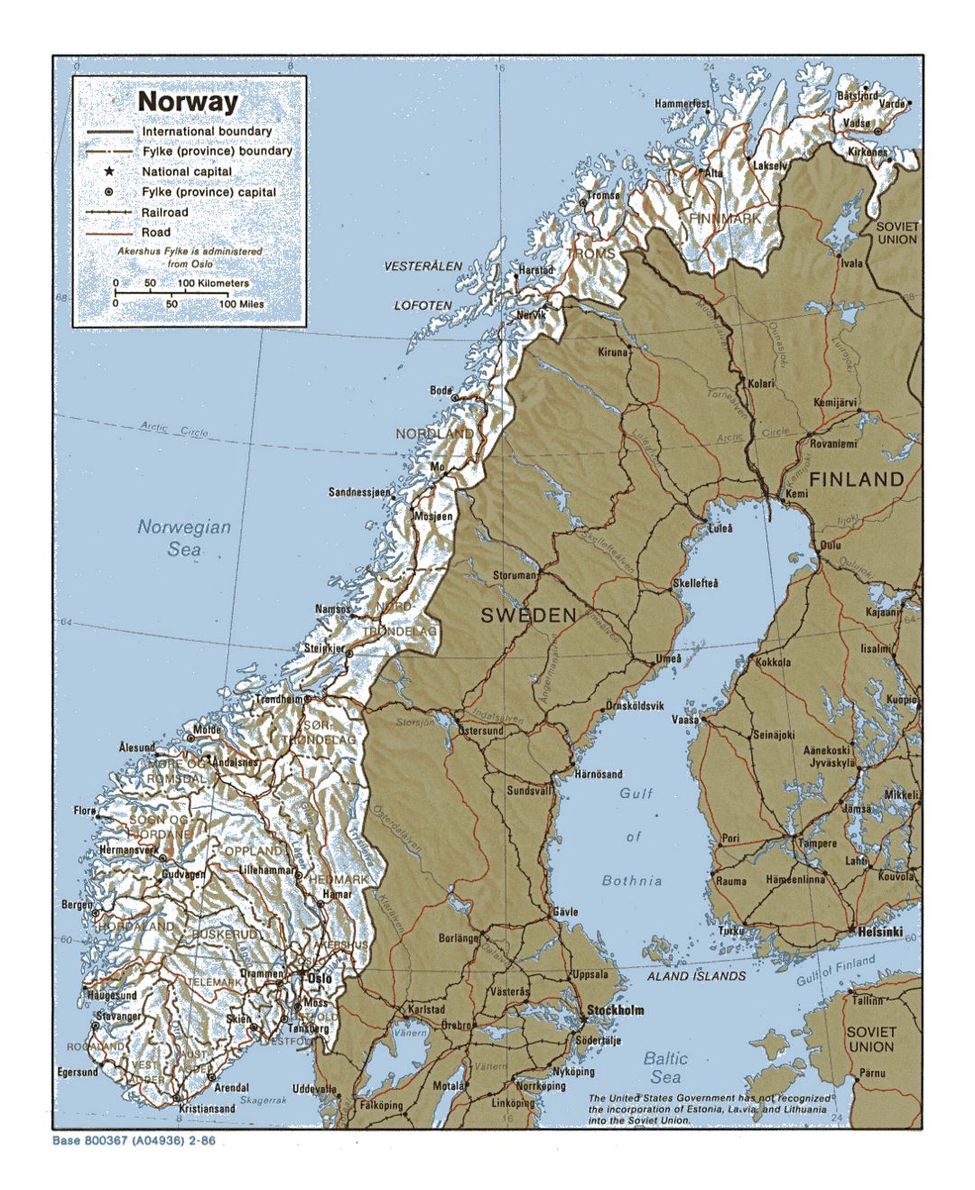 Детальная политическая и административная карта Норвегии с рельефом, дорогами и крупными городами - 1986
