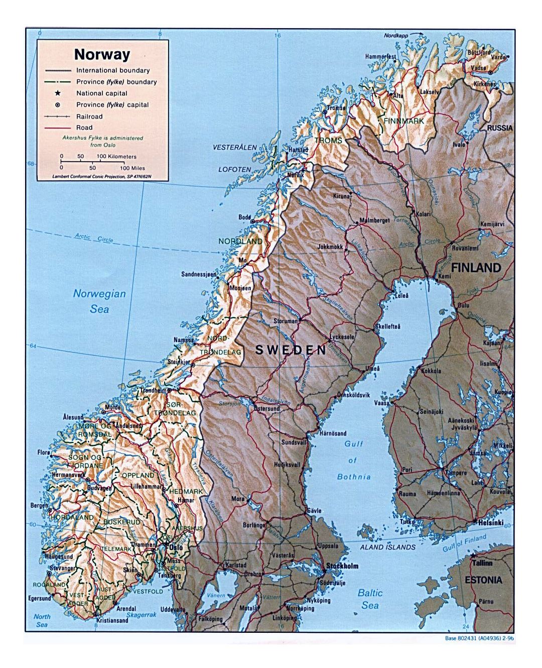 Детальная политическая и административная карта Норвегии с рельефом, дорогами и крупными городами - 1996