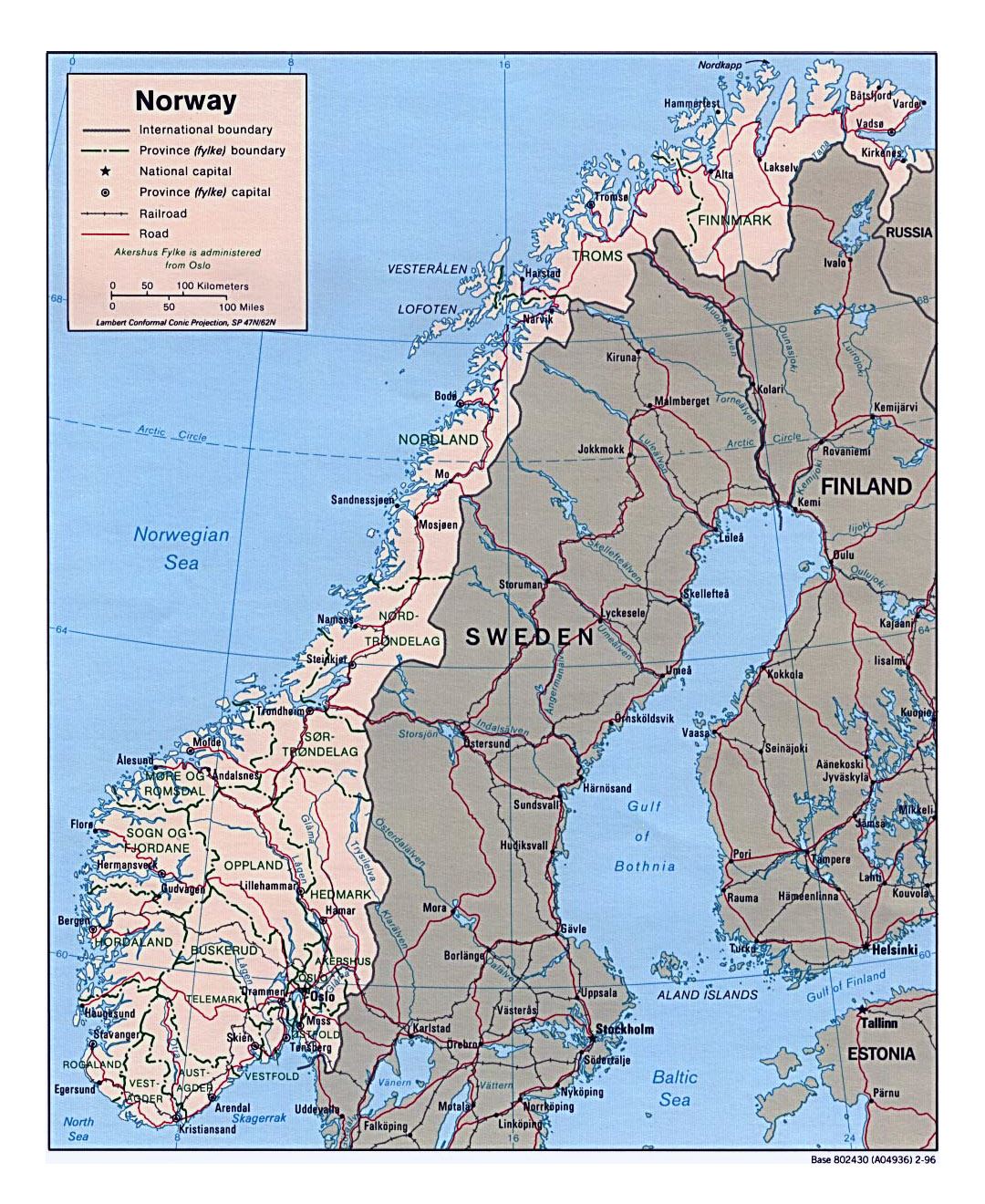 Детальная политическая и административная карта Норвегии с дорогами и крупными городами - 1996