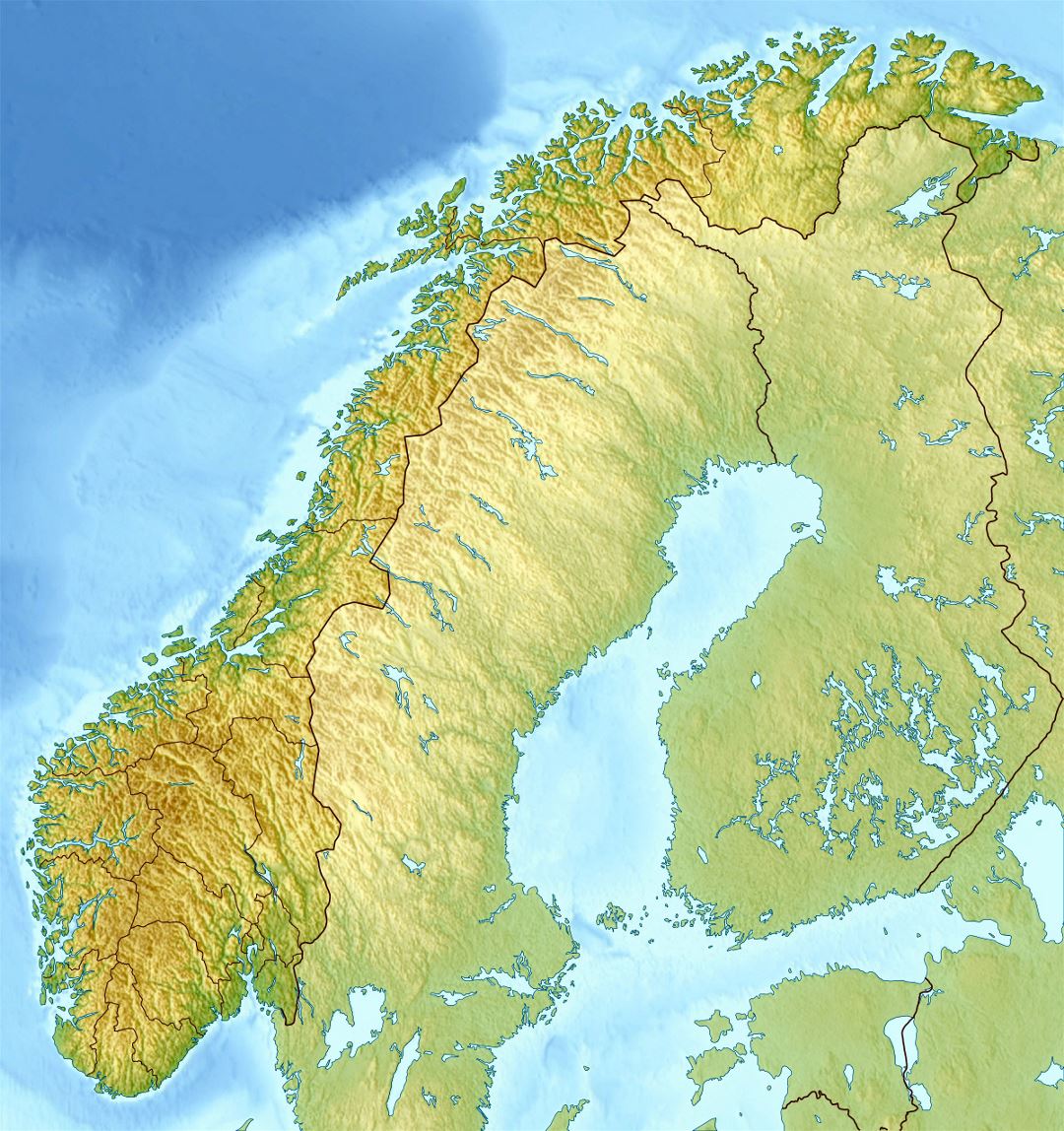 Детальная карта рельефа Норвегии