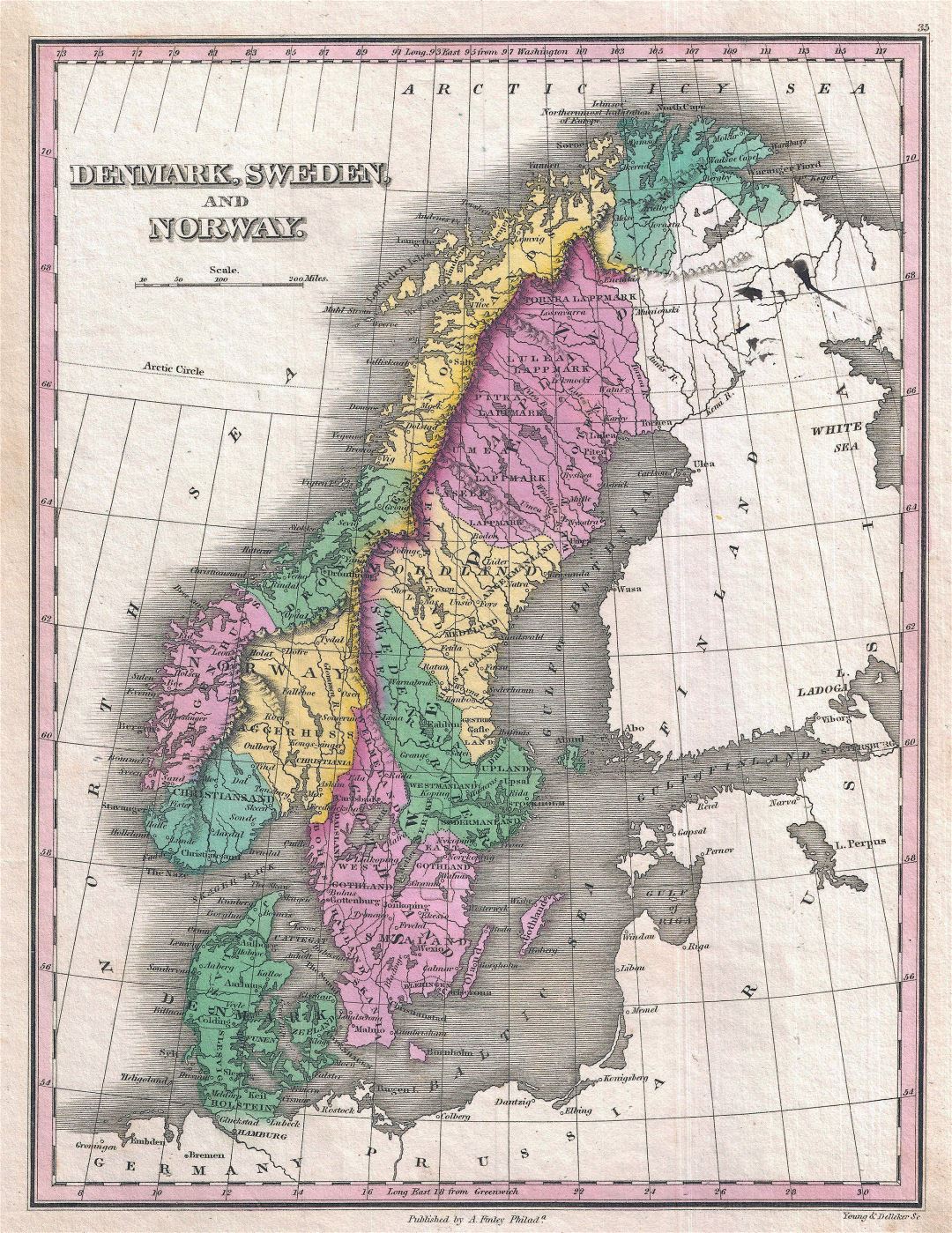 Большая детальная старая политическая и административная карта Дании, Швеции и Норвегии - 1827