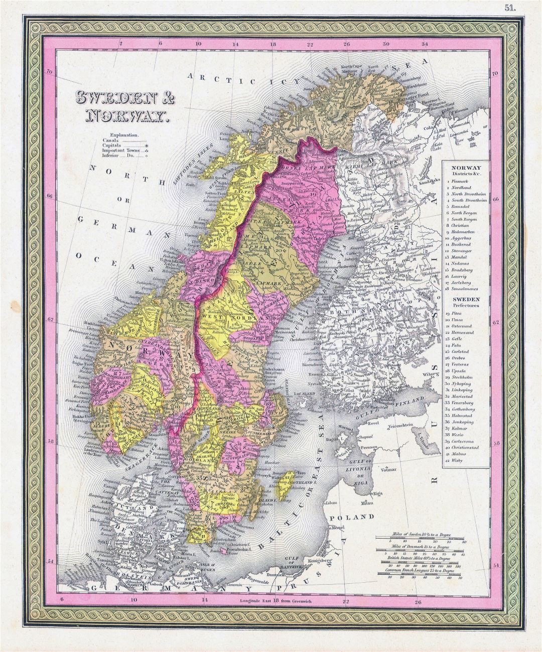 Большая детальная старая политическая и административная карта Швеции и Норвегии - 1850