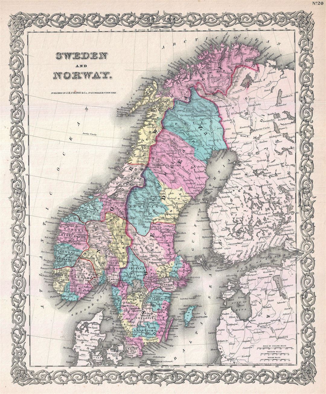 Большая детальная старая политическая и административная карта Швеции и Норвегии с рельефом - 1855