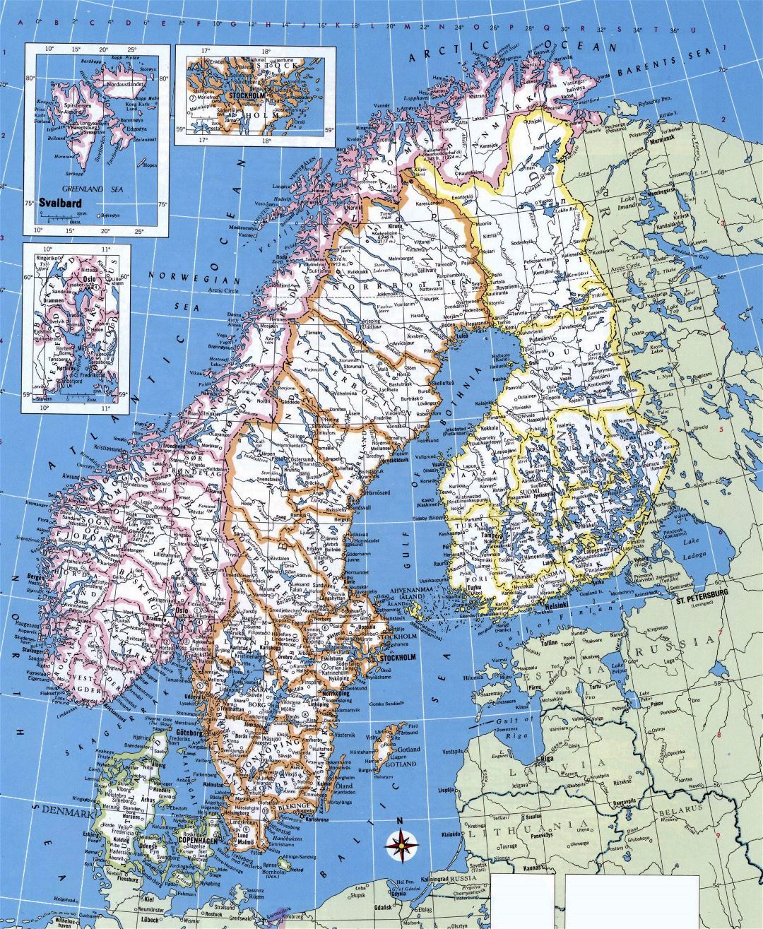 Большая детальная политическая и административная карта Норвегии, Швеции, Финляндии и Дании с крупными городами