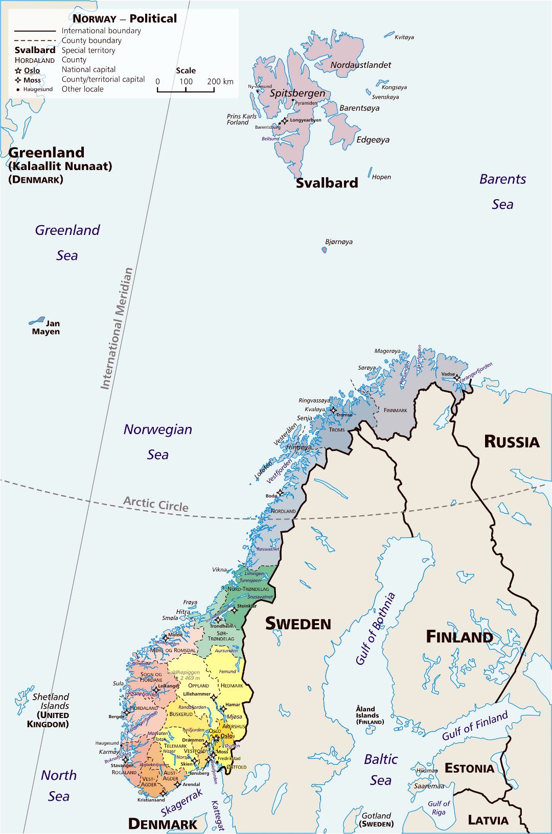Большая детальная политическая и административная карта Норвегии с крупными городами