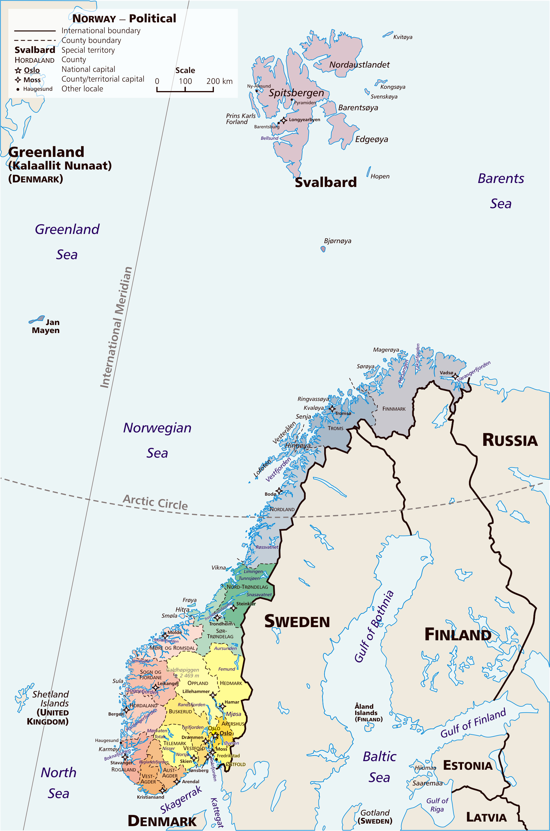 Большая детальная политическая и административная карта Норвегии с крупнымигородами