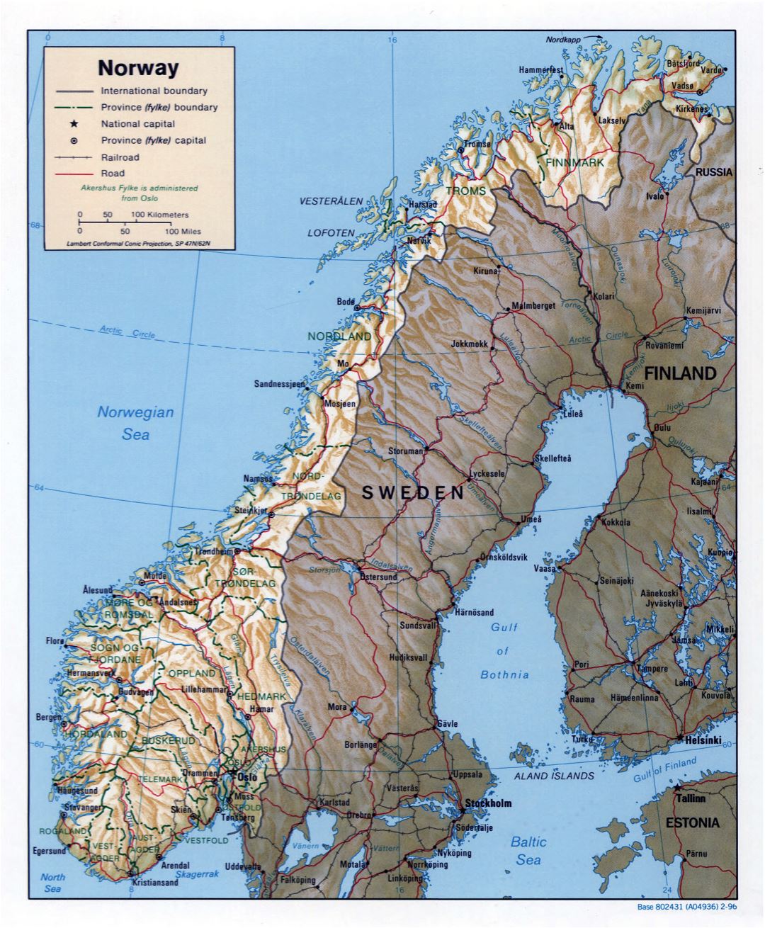 Большая детальная политическая и административная карта Норвегии с рельефом, дорогами и крупными городами - 1996