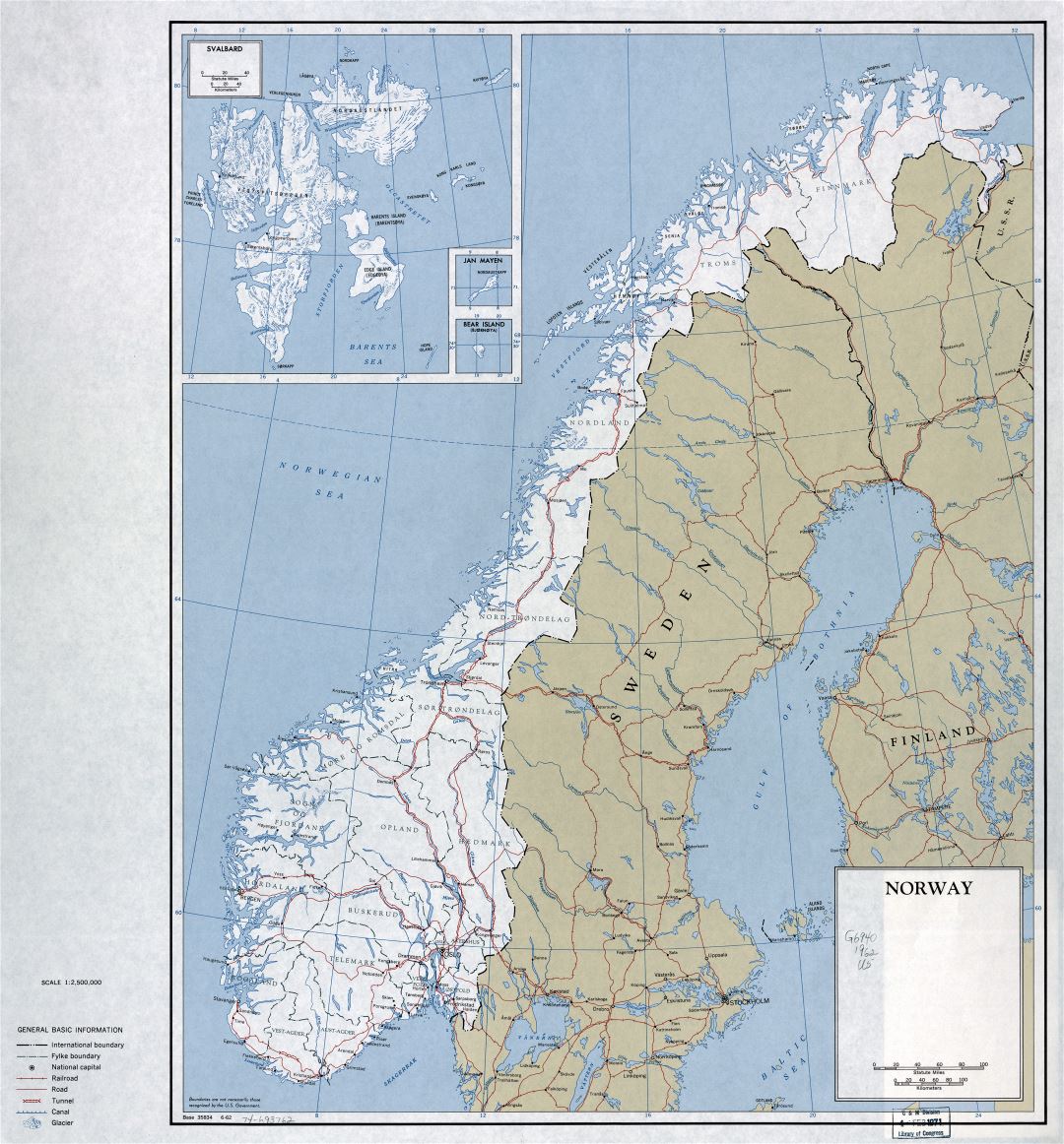 Большая детальная политическая и административная карта Норвегии с дорогами, железными дорогами и крупными городами - 1962
