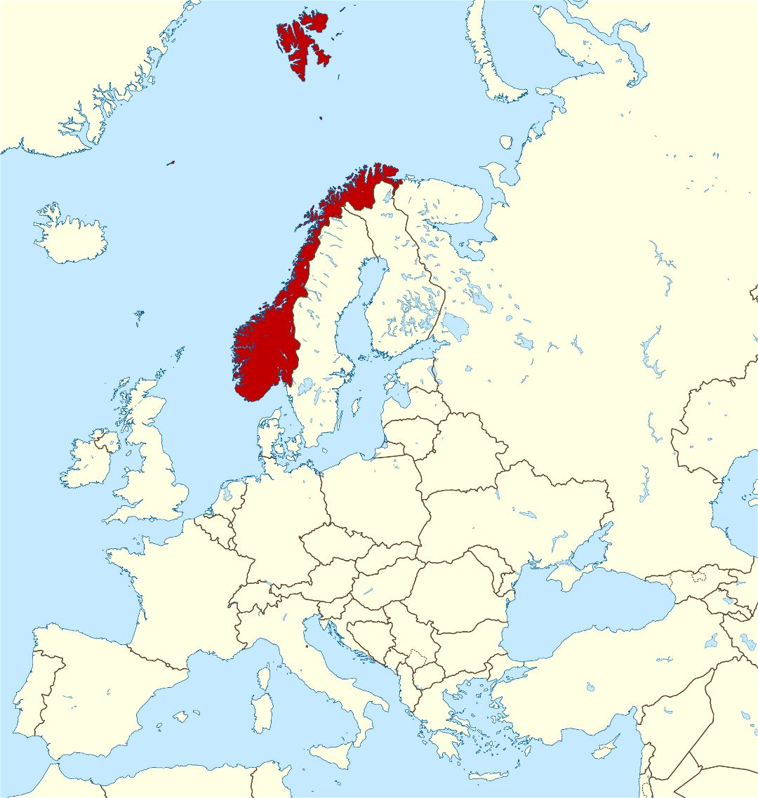 Большая карта расположения Норвегии в Европе