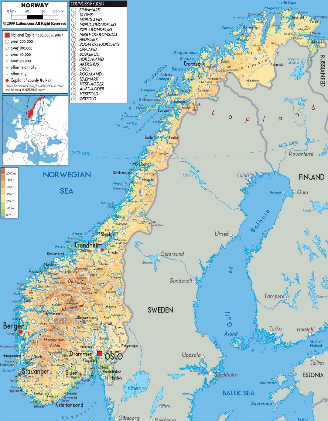 Большая физическая карта Норвегии с дорогами, городами и аэропортами