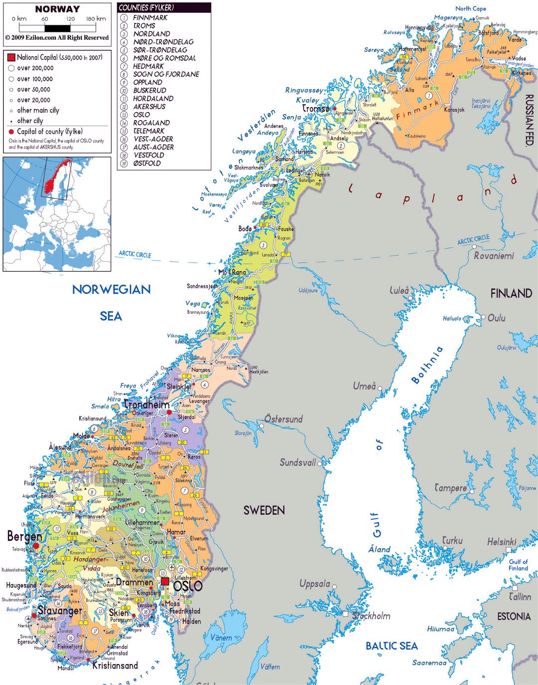 Большая политическая и административная карта Норвегии с дорогами, городами и аэропортами