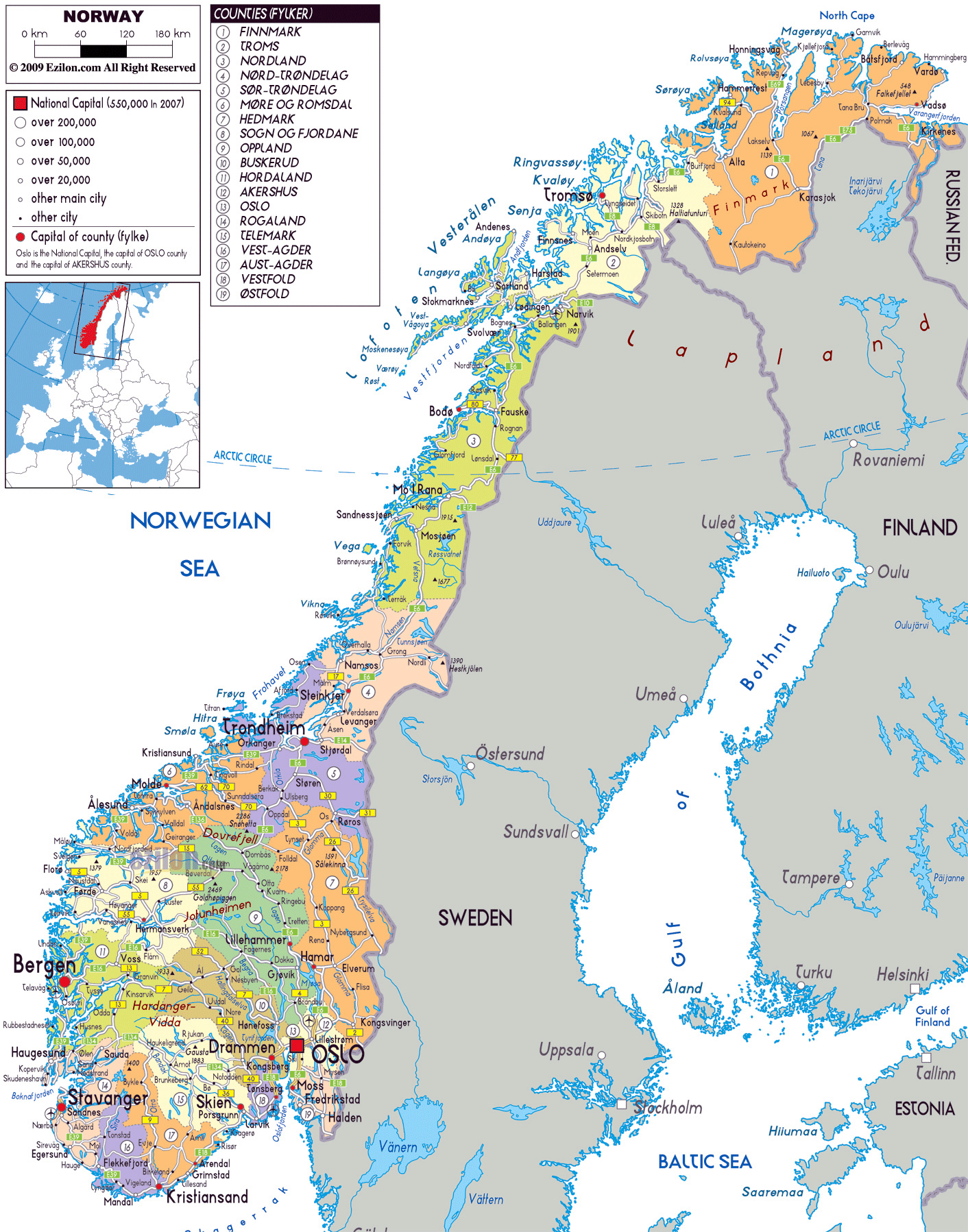 Большая политическая и административная карта Норвегии с дорогами, городамии аэропортами