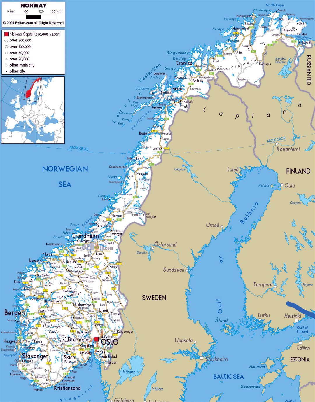 Большая карта дорог Норвегии с городами и аэропортами