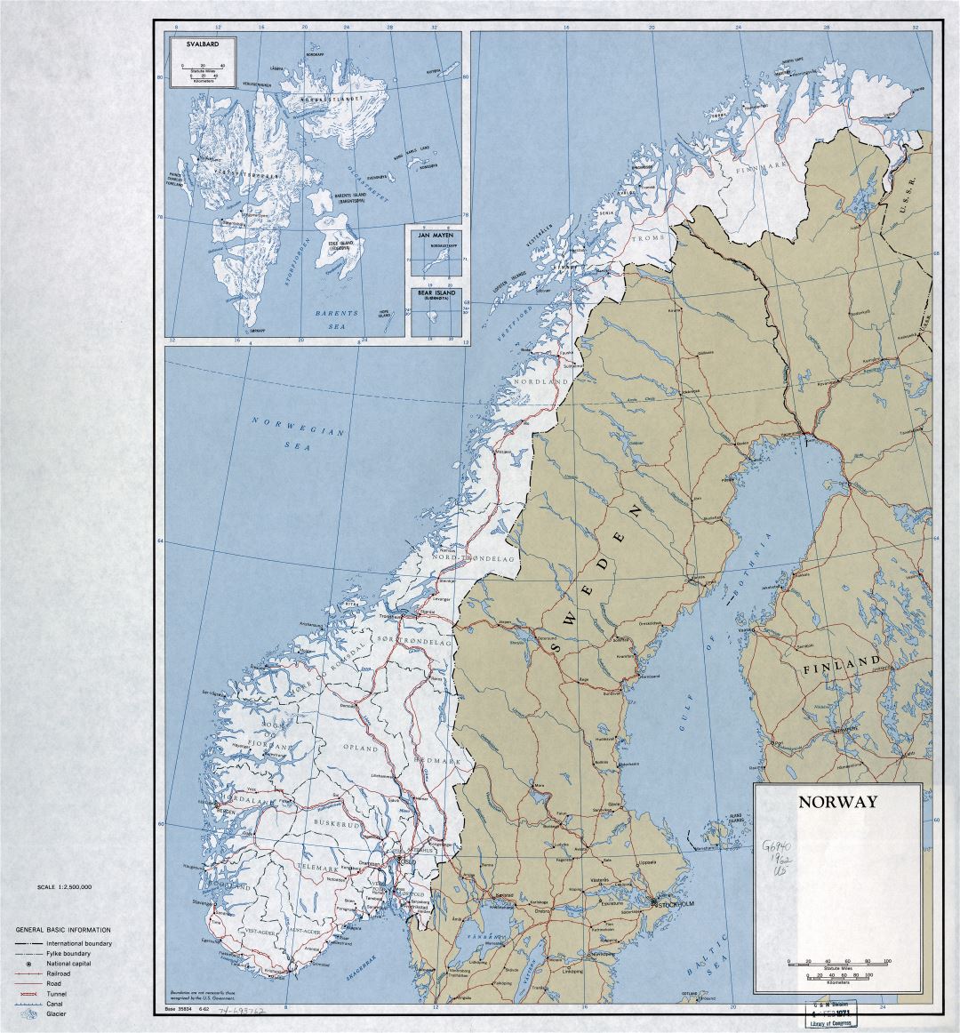 Крупномасштабная политическая и административная карта Норвегии с дорогами, железными дорогами и крупными городами - 1962