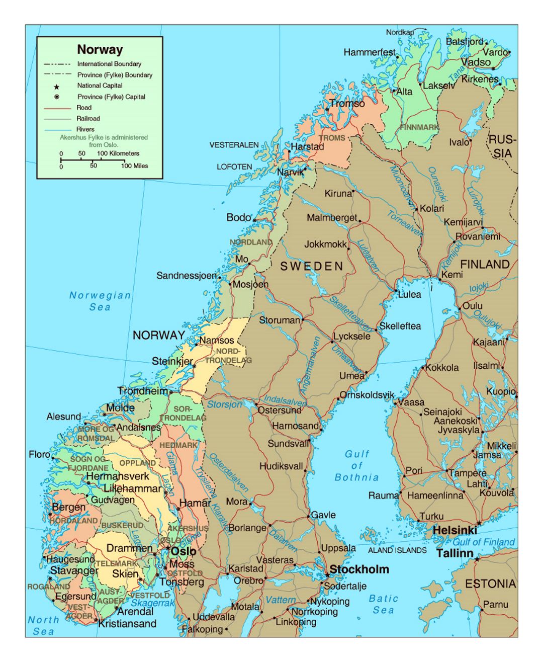 Политическая и административная карта Норвегии с дорогами и крупными городами