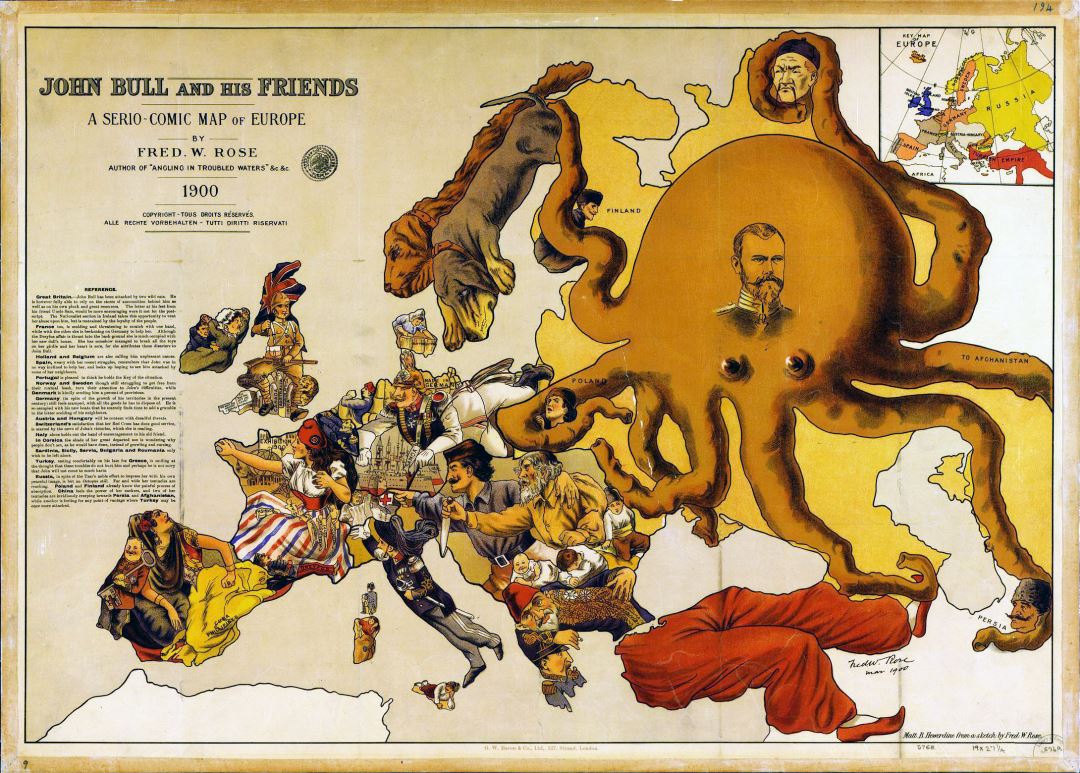 Большая подробная комическая карта Европы - 1900