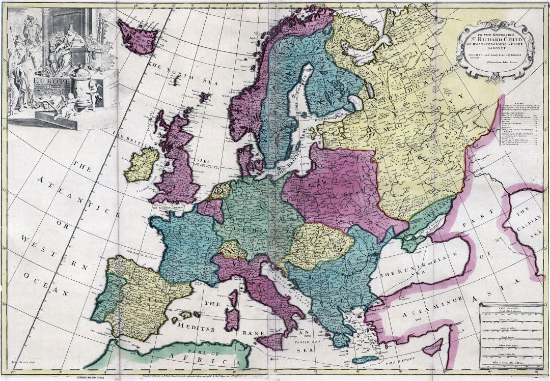 Большая подробная старая карта Европы - 17xx