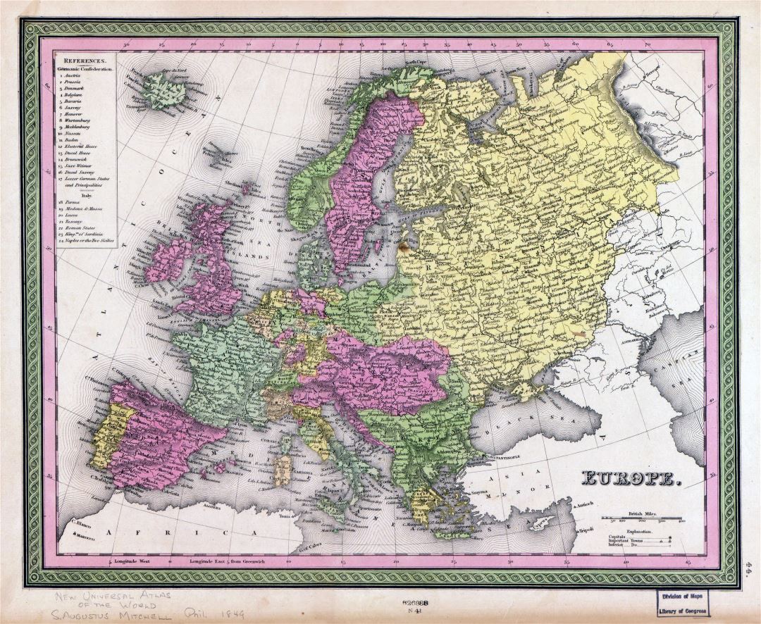 Большая подробная старая политическая карта Европы с городами - 1849