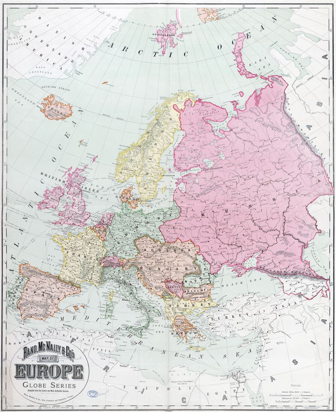 Большая подробная старая политическая карта Европы с городами - 1894