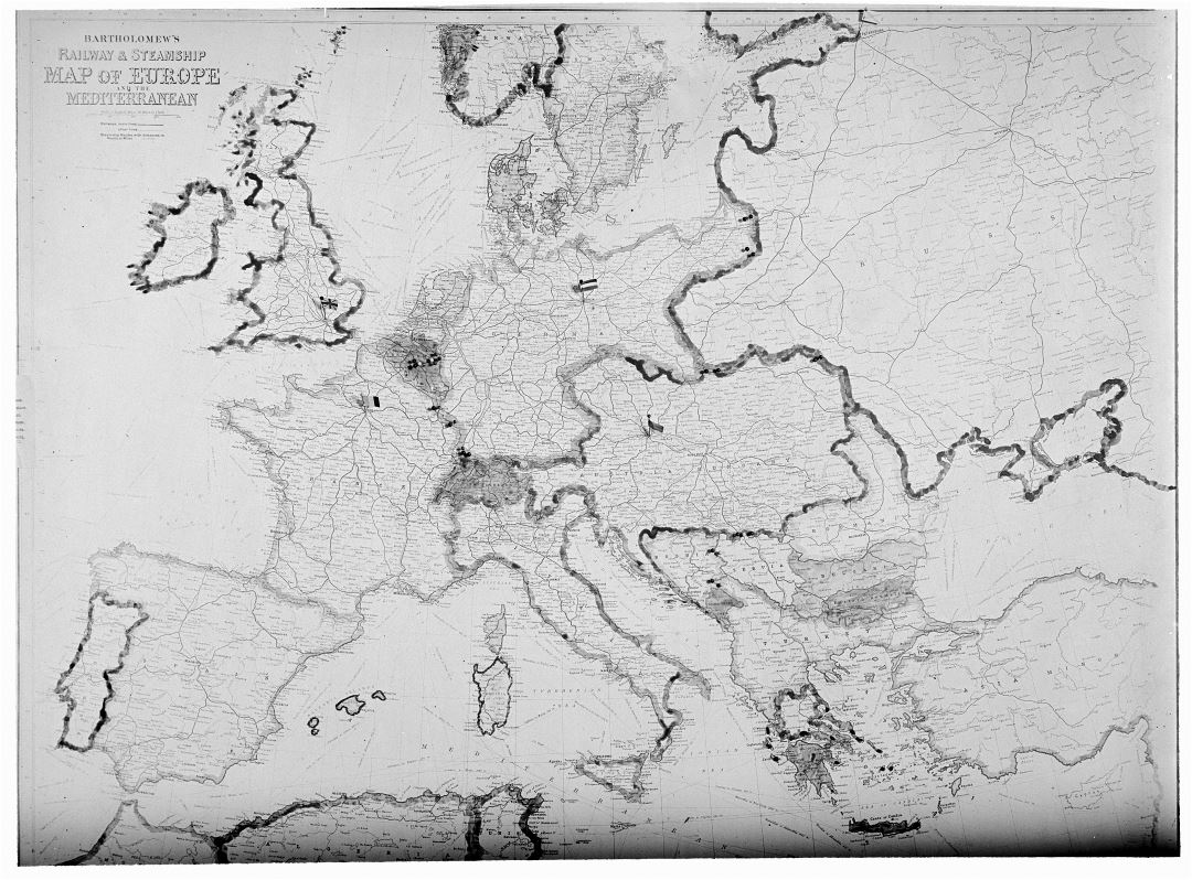 Большая детальная старая карта железных дорог и пароходных маршрутов Европы - 1913