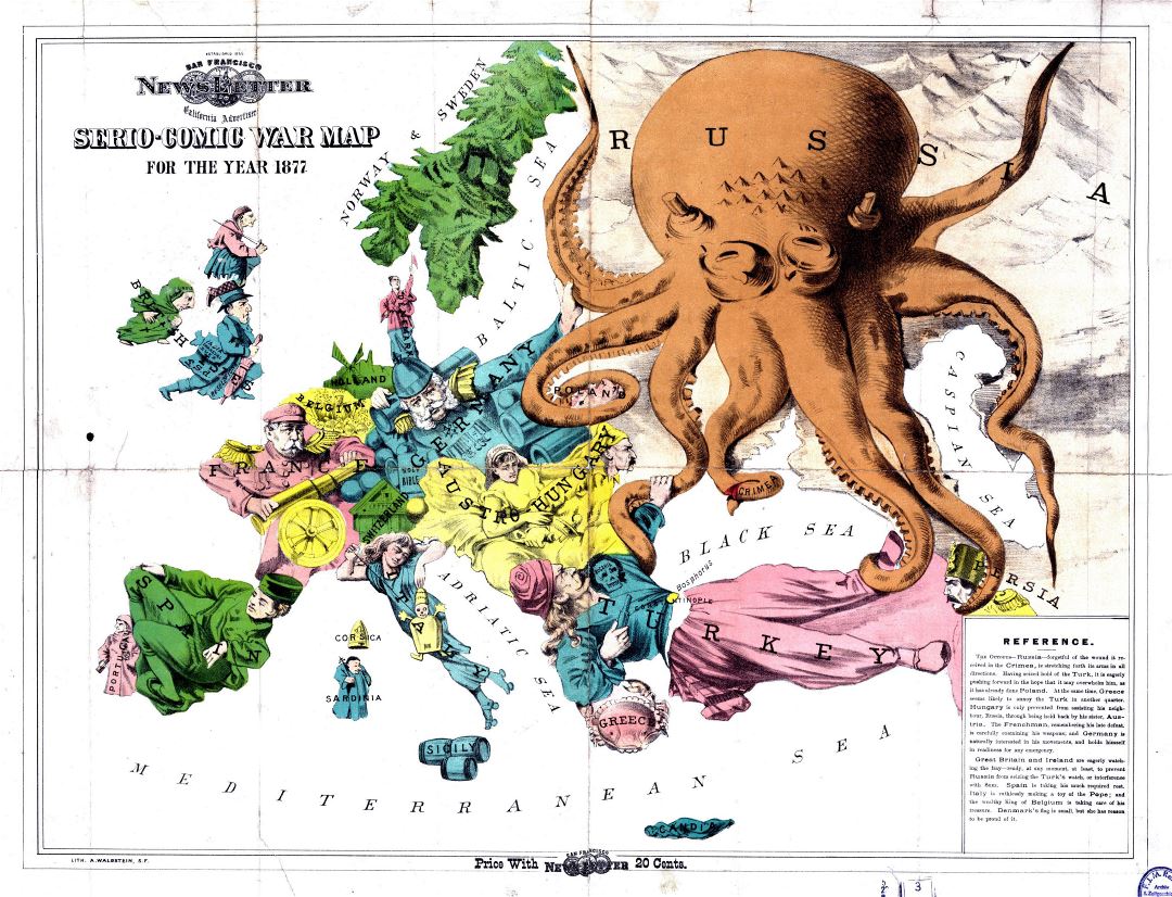 Большая детальная старая комическая карта Европы - 1877