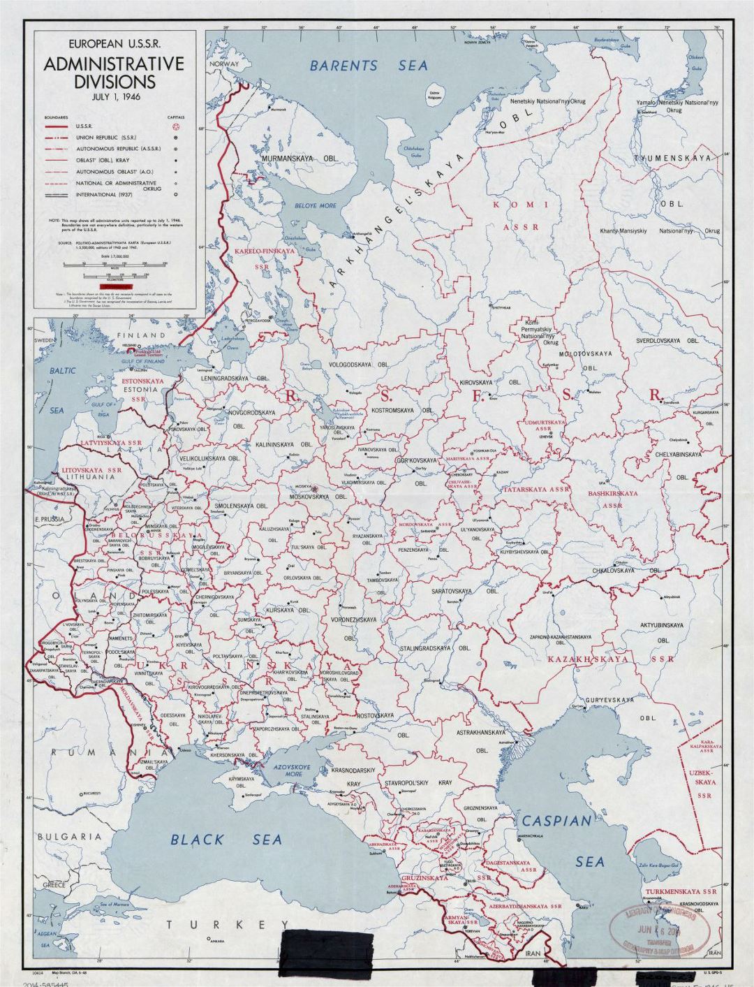 Подробная старая карта административного деления европейской части СССР - 1946
