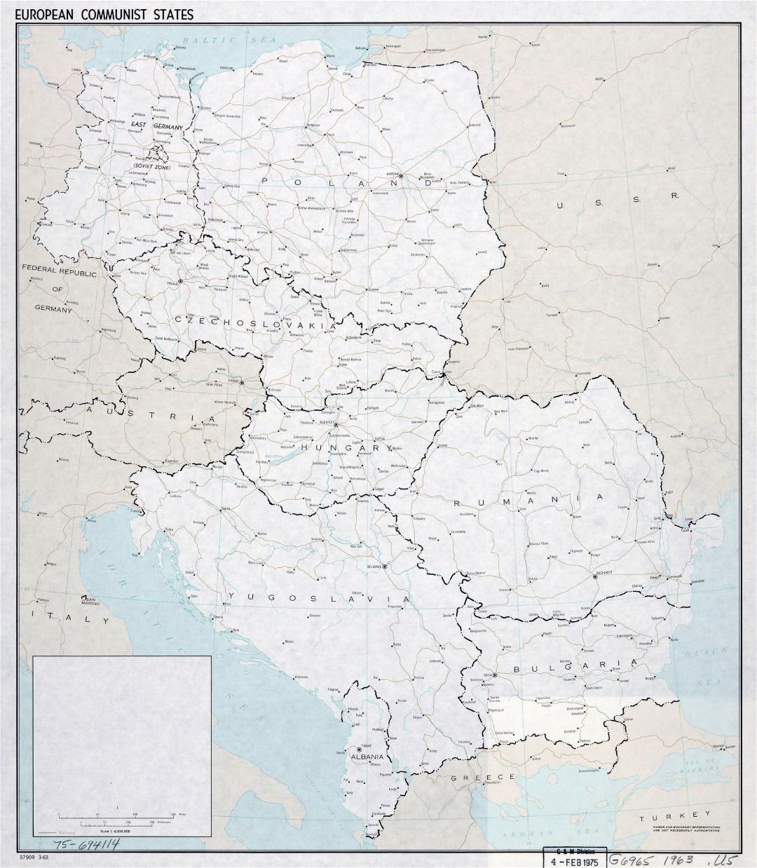 Детальная старая карта европейских коммунистических государств - 1963