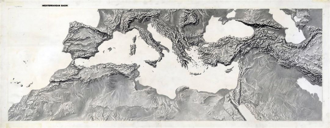 Подробная карта рельефа бассейна Средиземного моря