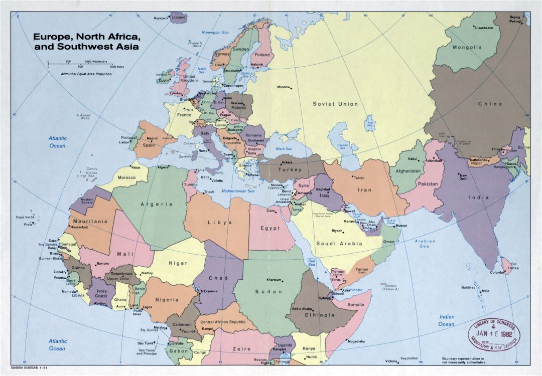 Большая подробная политическая карта Европы, Северной Африки и Юго-западной Азии - 1981