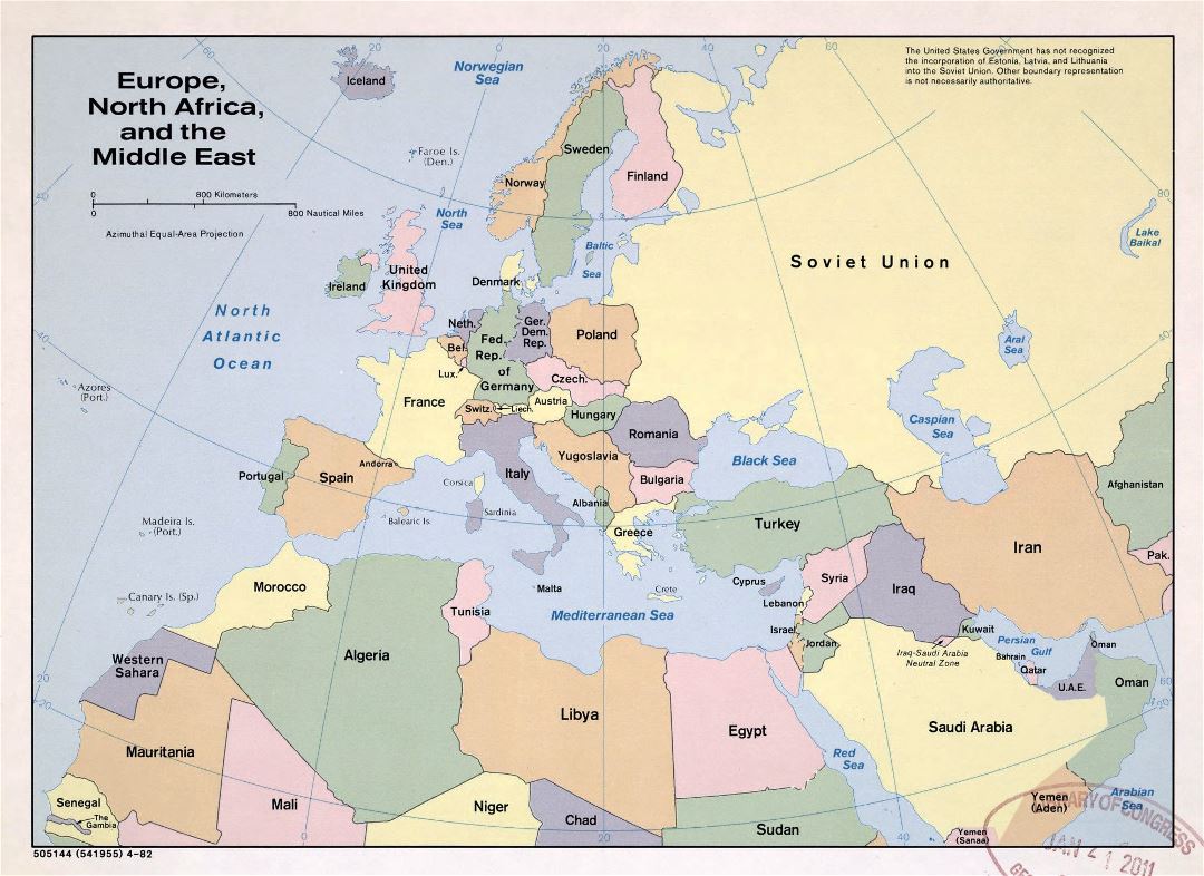 Большая политическая карта Европы, Северной Африки и Ближнего Востока - 1982
