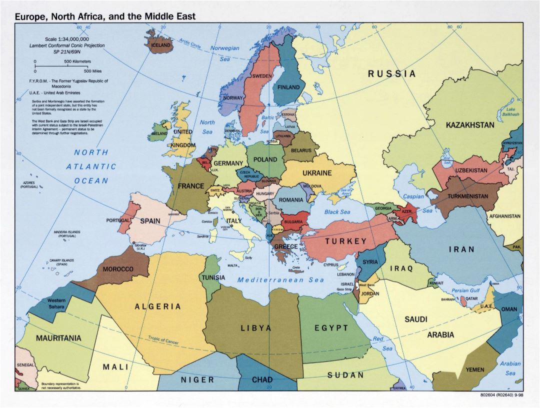 Большая политическая карта Европы, Северной Африки и Ближнего Востока - 1998
