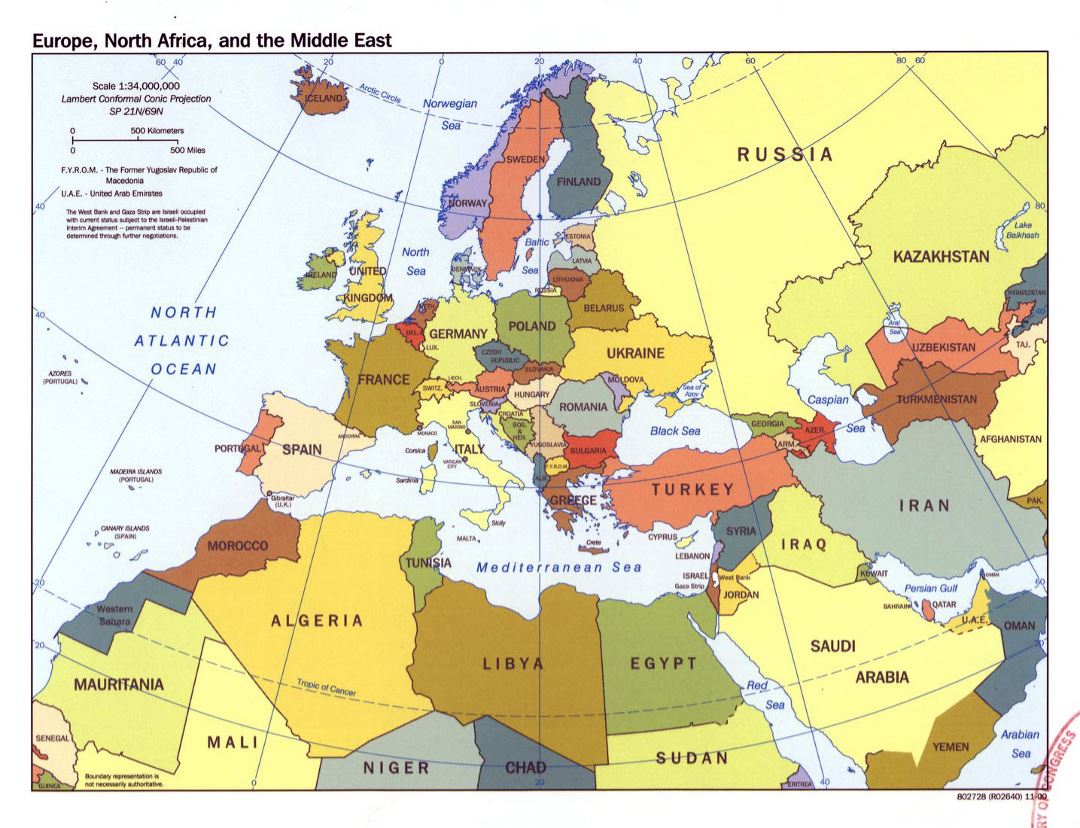 Большая политическая карта Европы, Северной Африки и Ближнего Востока - 2000