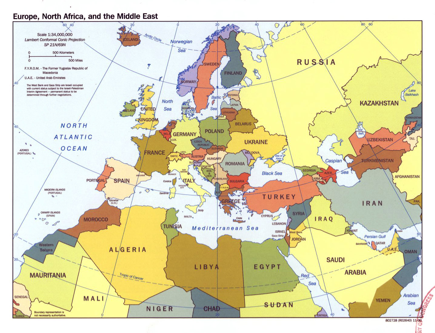 Большая политическая карта Европы, Северной Африки и Ближнего Востока -2000