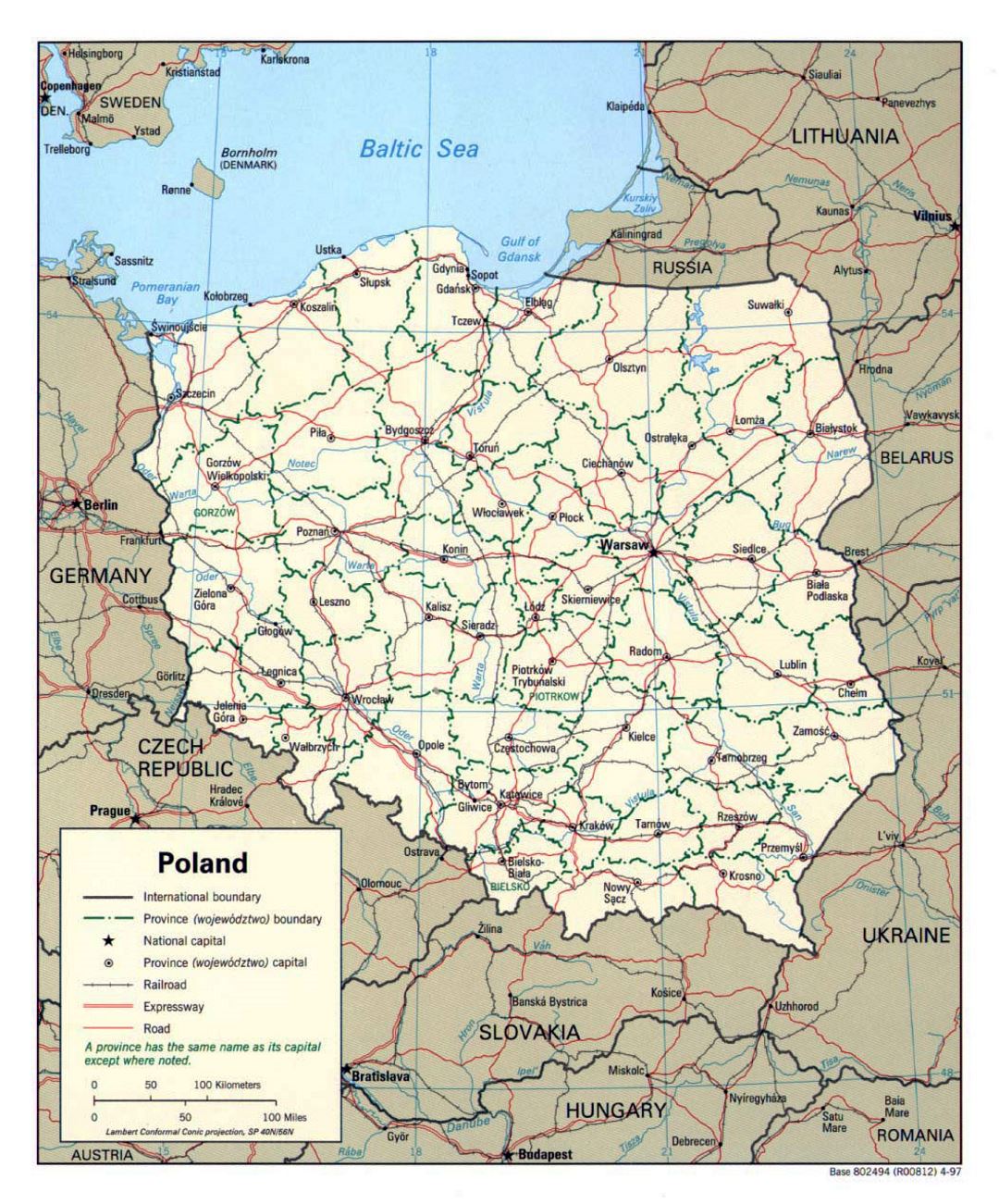 Детальная политическая и административная карта Польши - 1997