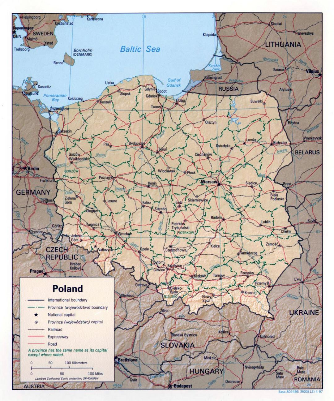 Детальная политическая и административная карта Польши с рельефом - 1997
