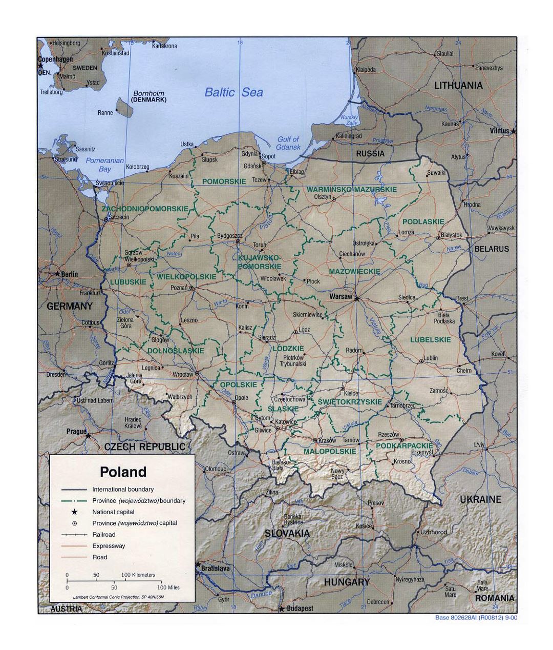 Детальная политическая и административная карта Польши с рельефом, дорогами, железными дорогами и крупными городами - 2000