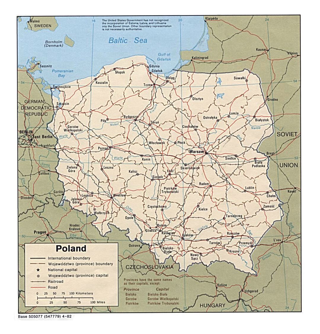 Детальная политическая и административная карта Польши с дорогами, железными дорогами и крупными городами - 1982