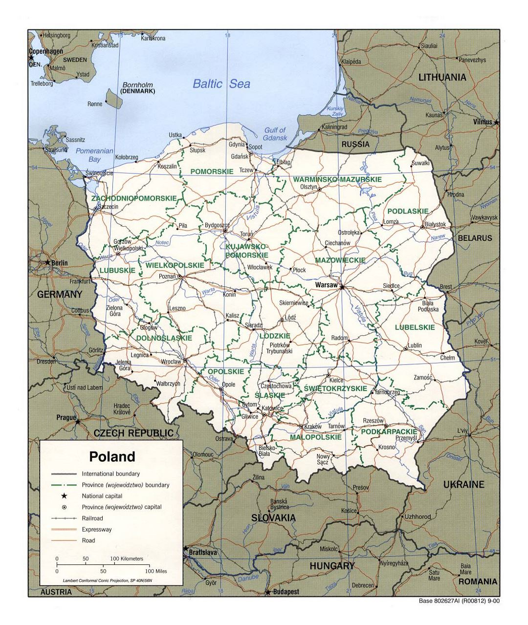 Детальная политическая и административная карта Польши с дорогами, железными дорогами и крупными городами - 2000